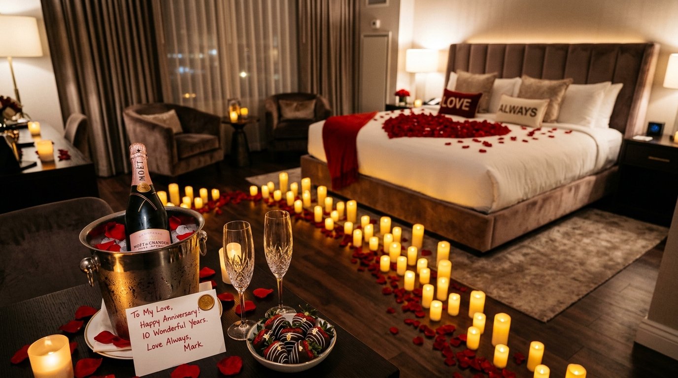 Decoração romântica com caminho de velas, pétalas de rosas em formato de coração e espumante